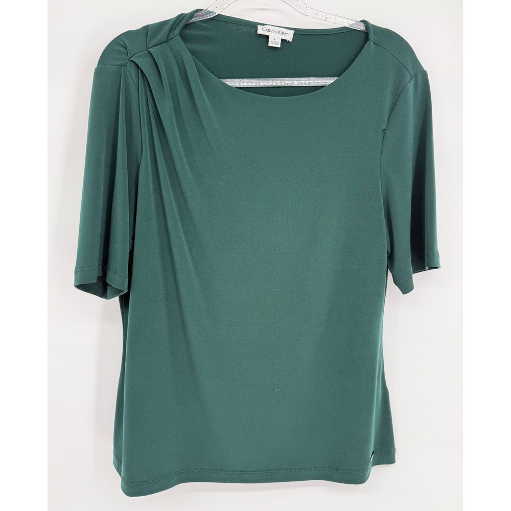 Calvin Klein Womens Forest Green Pleated Shoulder Short Sleeve Blouse Sz L